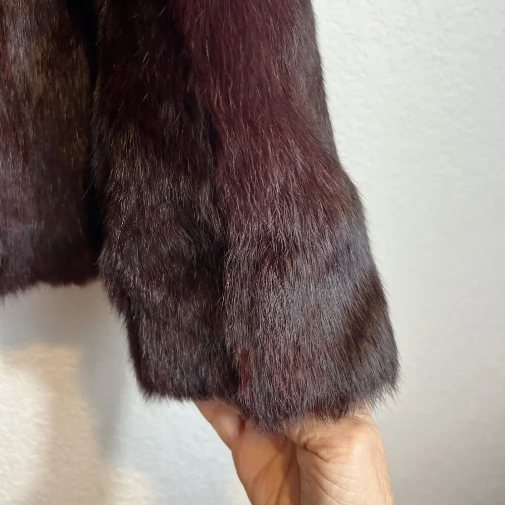 Vintage Women’s Dyed Burgundy Maroon Wine Rabbit Fur Coat Jacket Medium - Picture 4 of 11